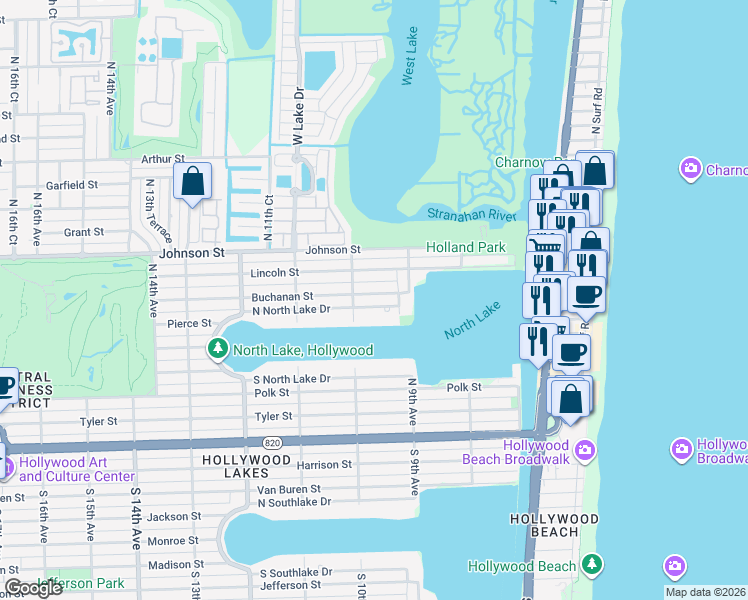 map of restaurants, bars, coffee shops, grocery stores, and more near 955 North North Lake Drive in Hollywood