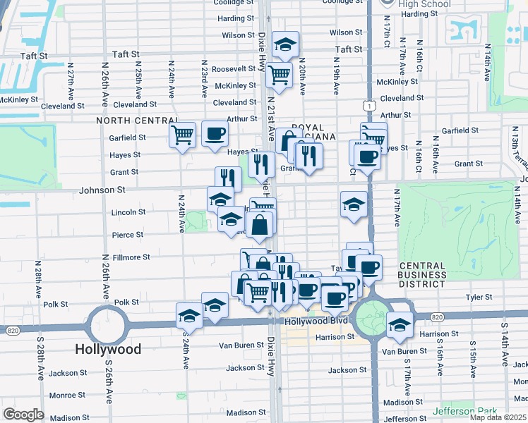 map of restaurants, bars, coffee shops, grocery stores, and more near 750 North Dixie Highway in Hollywood