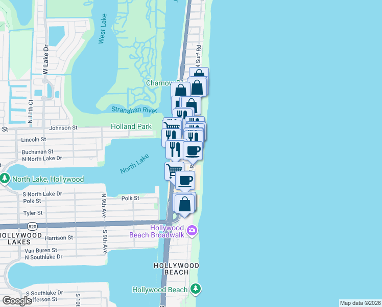 map of restaurants, bars, coffee shops, grocery stores, and more near 301 Indiana Street in Hollywood