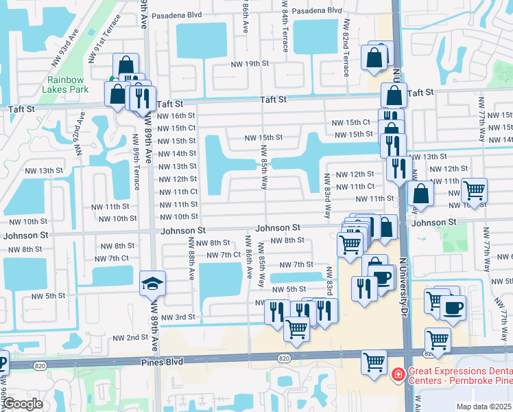 map of restaurants, bars, coffee shops, grocery stores, and more near 8560 Northwest 11th Street in Pembroke Pines