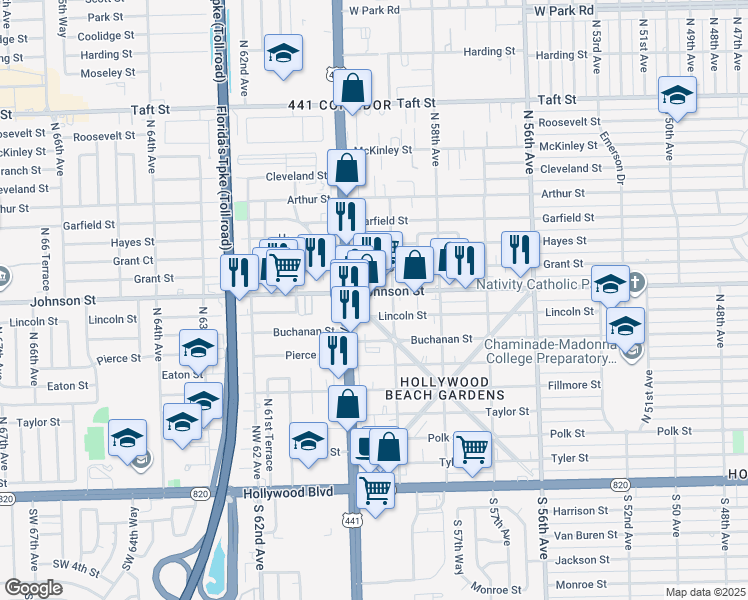 map of restaurants, bars, coffee shops, grocery stores, and more near 5910 Johnson Street in Hollywood