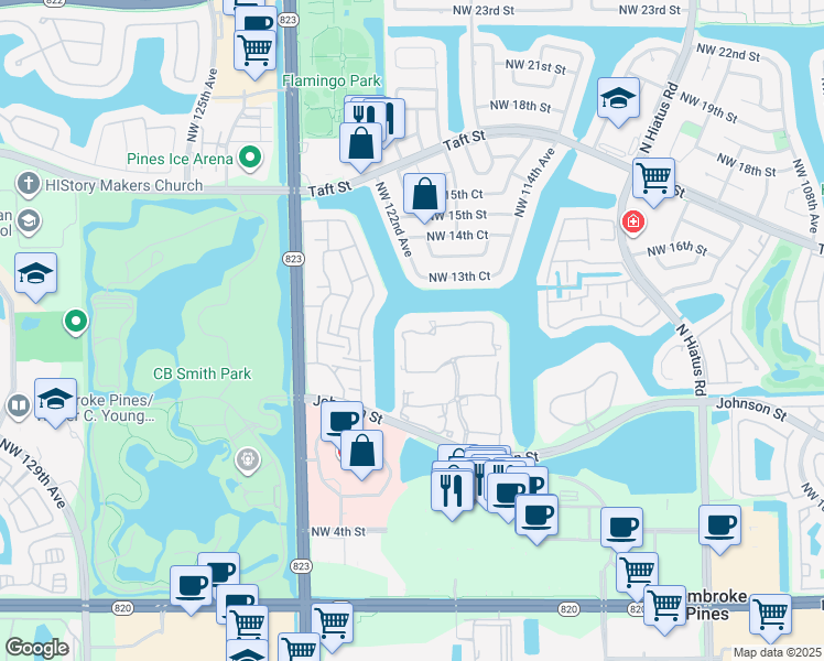 map of restaurants, bars, coffee shops, grocery stores, and more near 12007 Northwest 13th Street in Pembroke Pines