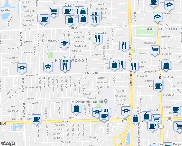 map of restaurants, bars, coffee shops, grocery stores, and more near 900 North 66th Avenue in Hollywood