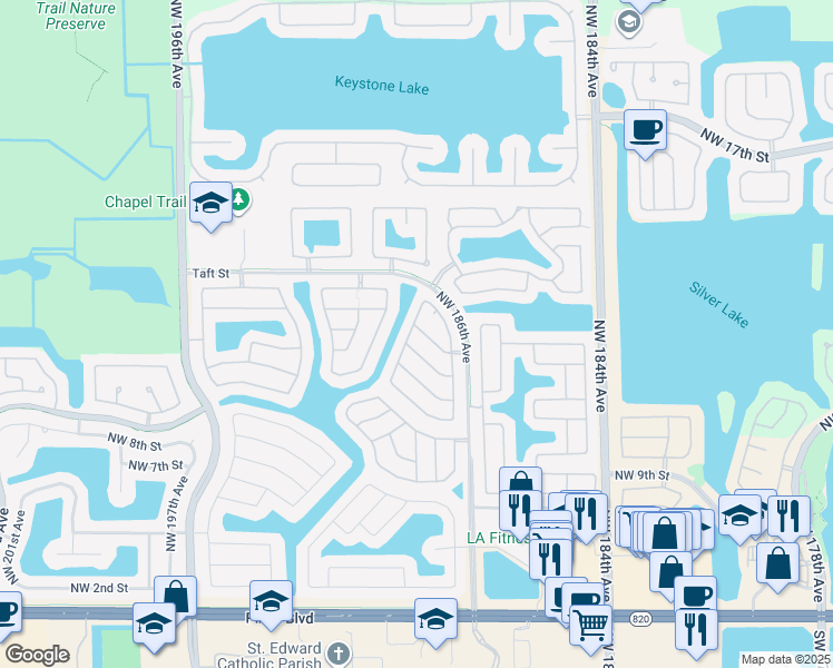 map of restaurants, bars, coffee shops, grocery stores, and more near 19198 Northwest 13th Court in Pembroke Pines