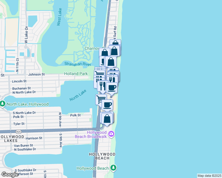 map of restaurants, bars, coffee shops, grocery stores, and more near 335 Indiana Street in Hollywood