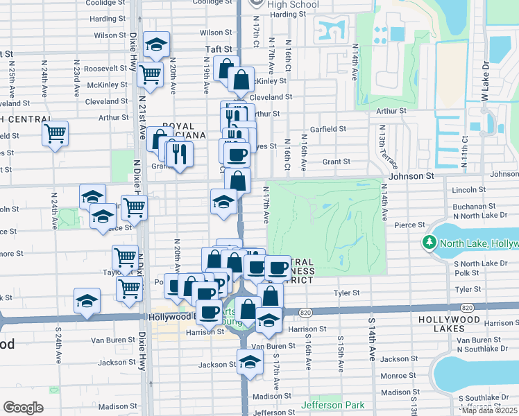 map of restaurants, bars, coffee shops, grocery stores, and more near 1711 Buchanan Street in Hollywood