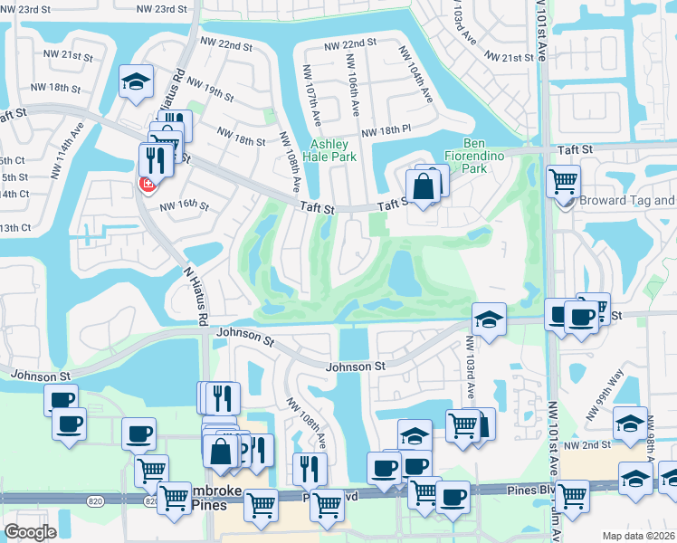map of restaurants, bars, coffee shops, grocery stores, and more near 1420 West Sandpiper Circle in Pembroke Pines