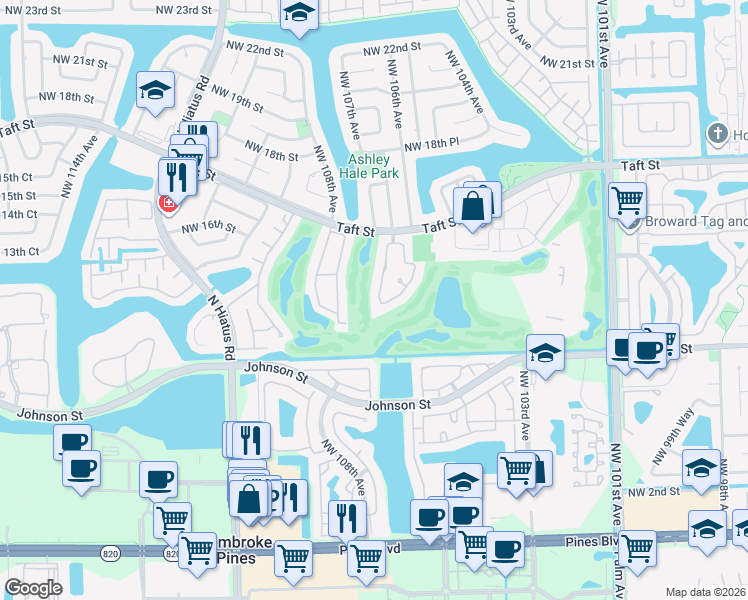 map of restaurants, bars, coffee shops, grocery stores, and more near 1420 West Sandpiper Circle in Pembroke Pines