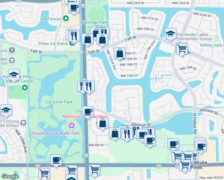 map of restaurants, bars, coffee shops, grocery stores, and more near 12070 Northwest 13th Street in Pembroke Pines