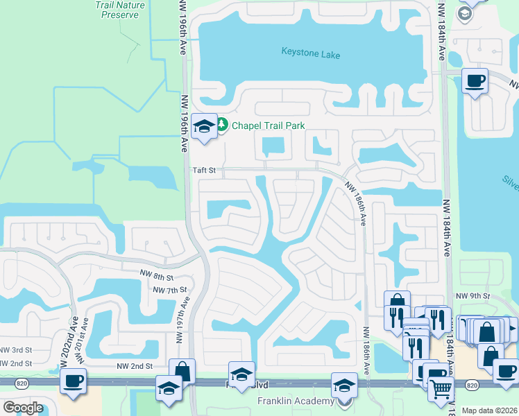 map of restaurants, bars, coffee shops, grocery stores, and more near 1221 Northwest 193rd Avenue in Pembroke Pines
