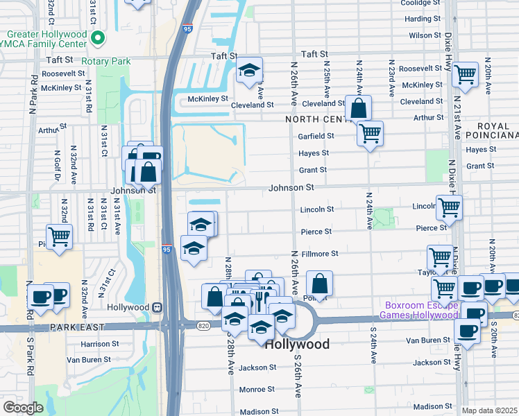 map of restaurants, bars, coffee shops, grocery stores, and more near 2703 Lincoln Street in Hollywood