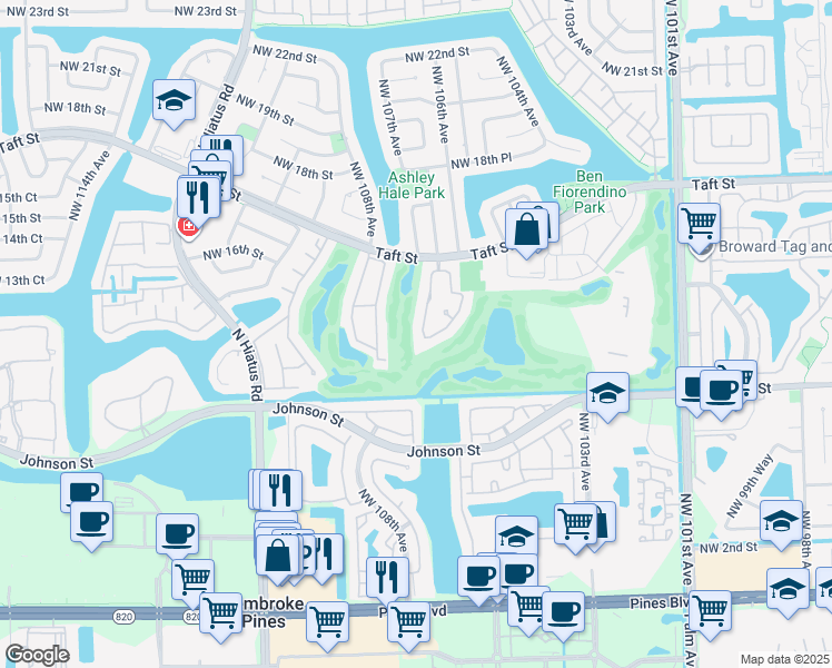 map of restaurants, bars, coffee shops, grocery stores, and more near 1420 West Sandpiper Circle in Pembroke Pines