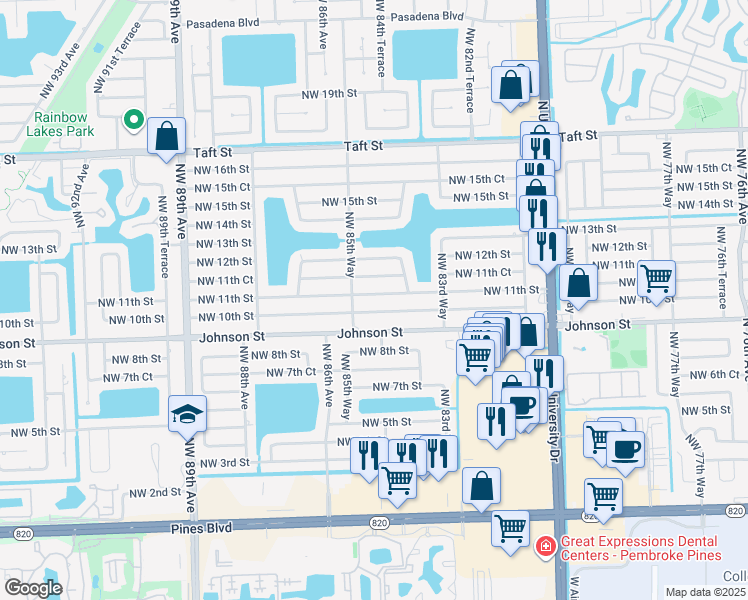 map of restaurants, bars, coffee shops, grocery stores, and more near 8490 Northwest 11th Street in Pembroke Pines