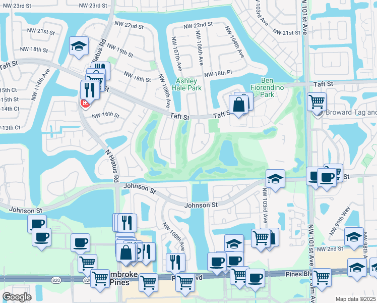 map of restaurants, bars, coffee shops, grocery stores, and more near 1420 West Sandpiper Circle in Pembroke Pines
