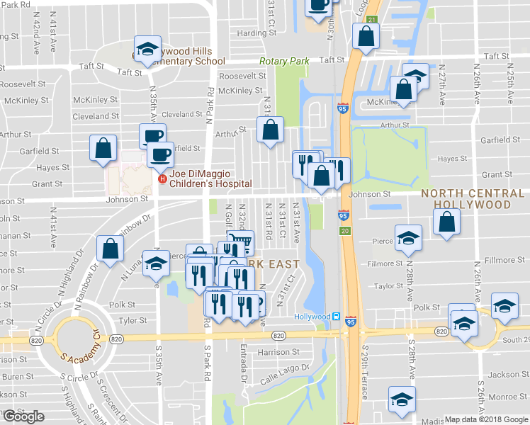 map of restaurants, bars, coffee shops, grocery stores, and more near 806 North 31st Road in Hollywood