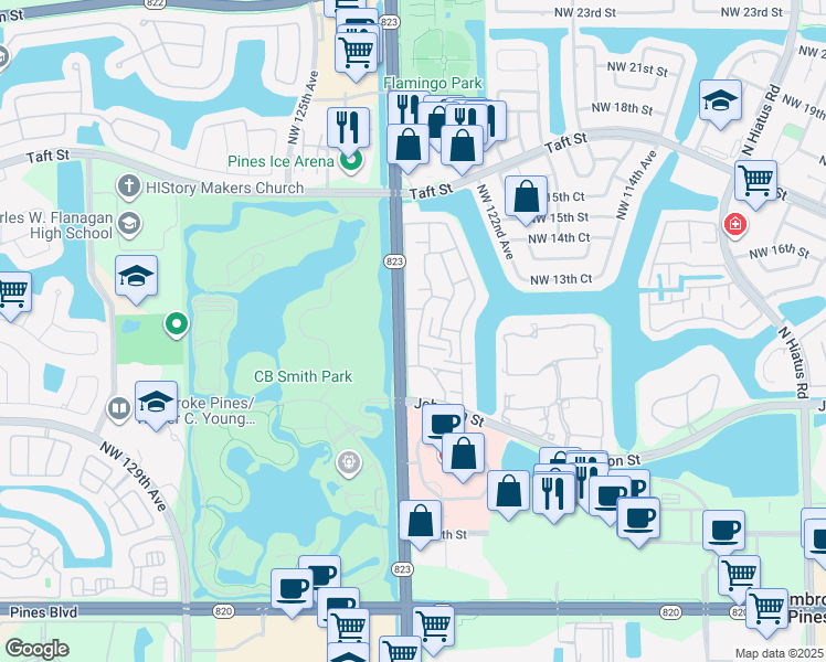 map of restaurants, bars, coffee shops, grocery stores, and more near 1201 Northwest 124th Avenue in Pembroke Pines