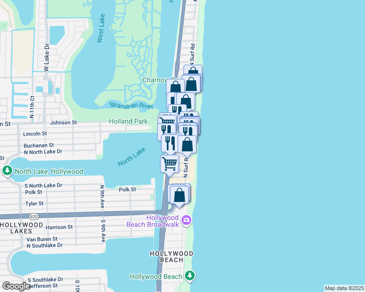 map of restaurants, bars, coffee shops, grocery stores, and more near 322 Buchanan Street in Hollywood