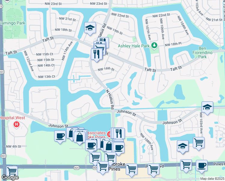 map of restaurants, bars, coffee shops, grocery stores, and more near 11121 N Lakeview Dr in Pembroke Pines
