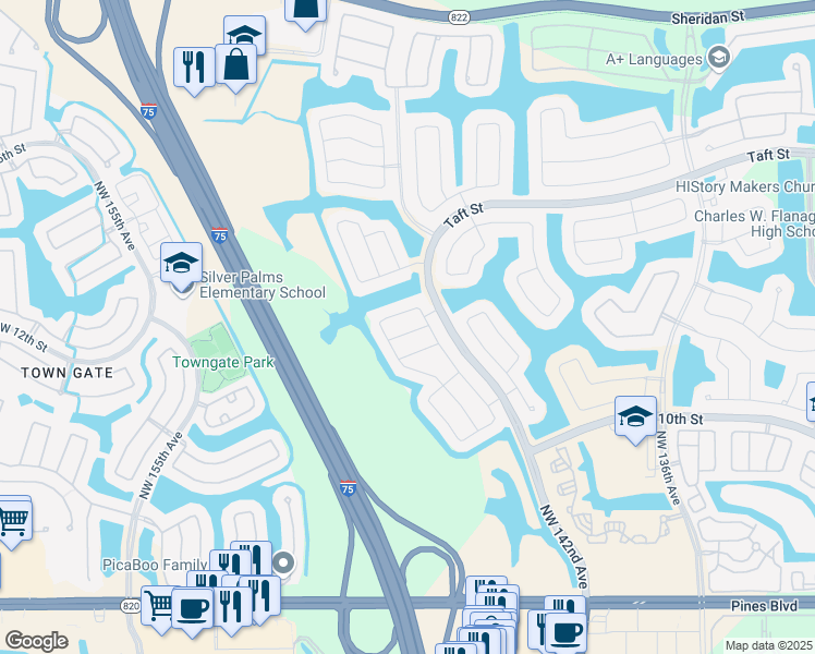 map of restaurants, bars, coffee shops, grocery stores, and more near 14335 Northwest 14th Court in Pembroke Pines