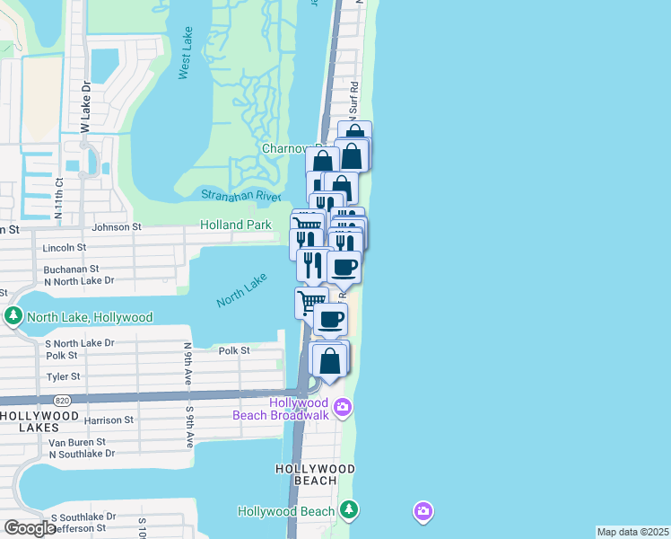 map of restaurants, bars, coffee shops, grocery stores, and more near 335 Indiana Street in Hollywood