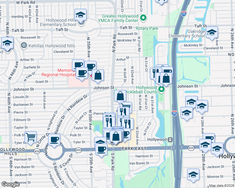 map of restaurants, bars, coffee shops, grocery stores, and more near 816 North Golf Drive in Hollywood