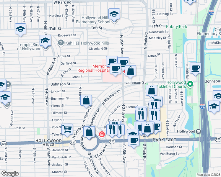 map of restaurants, bars, coffee shops, grocery stores, and more near 803 North Highland Drive in Hollywood