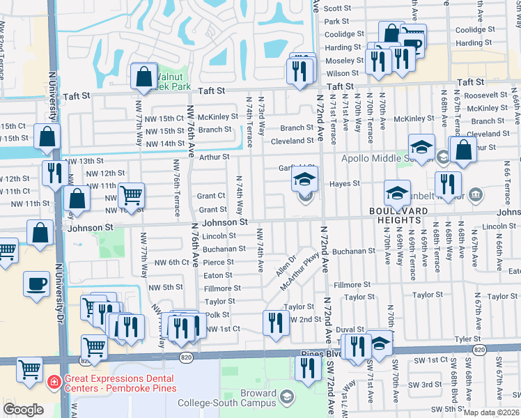 map of restaurants, bars, coffee shops, grocery stores, and more near 930 North 74th Terrace in Hollywood