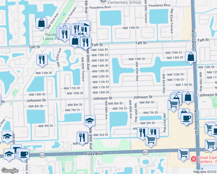 map of restaurants, bars, coffee shops, grocery stores, and more near 8791 Northwest 11th Street in Pembroke Pines