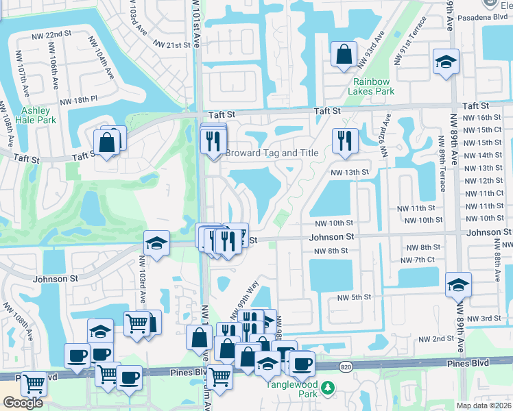map of restaurants, bars, coffee shops, grocery stores, and more near 1177 Northwest 98th Terrace in Pembroke Pines