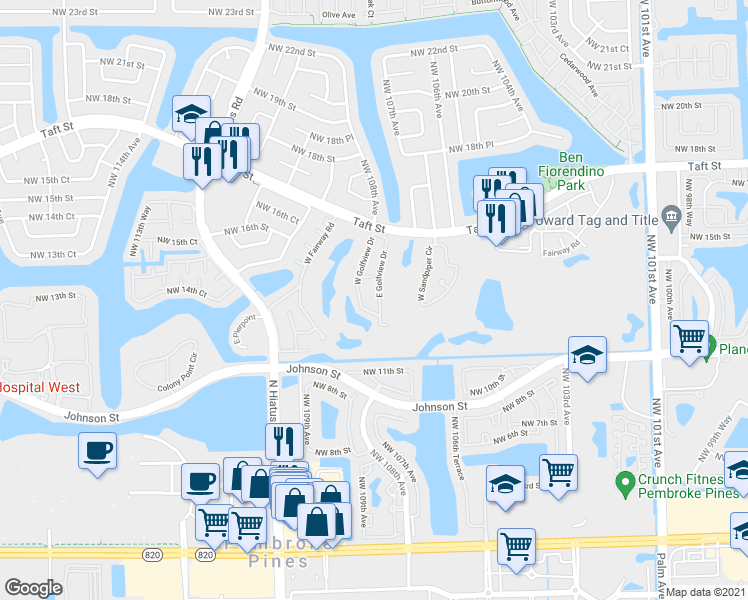 map of restaurants, bars, coffee shops, grocery stores, and more near 1340 East Golfview Drive in Pembroke Pines