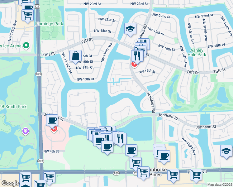 map of restaurants, bars, coffee shops, grocery stores, and more near 11288 Northwest 14th Court in Pembroke Pines