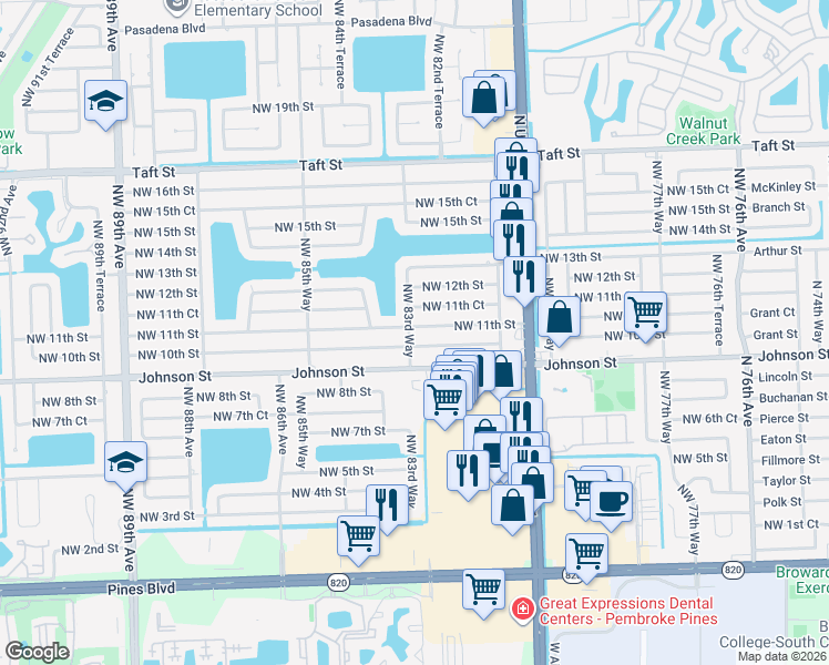 map of restaurants, bars, coffee shops, grocery stores, and more near 8330 Northwest 11th Street in Pembroke Pines