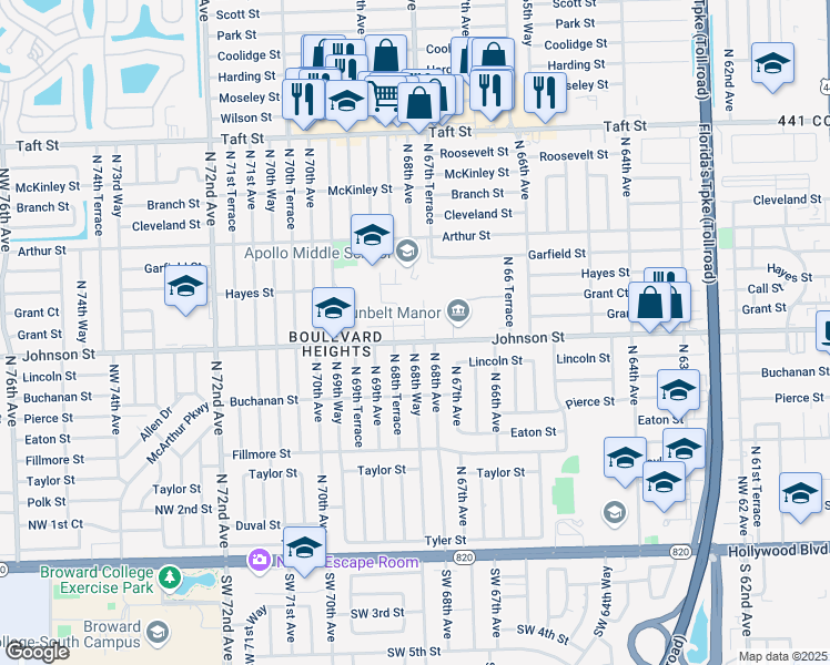 map of restaurants, bars, coffee shops, grocery stores, and more near 6819 Johnson Street in Hollywood