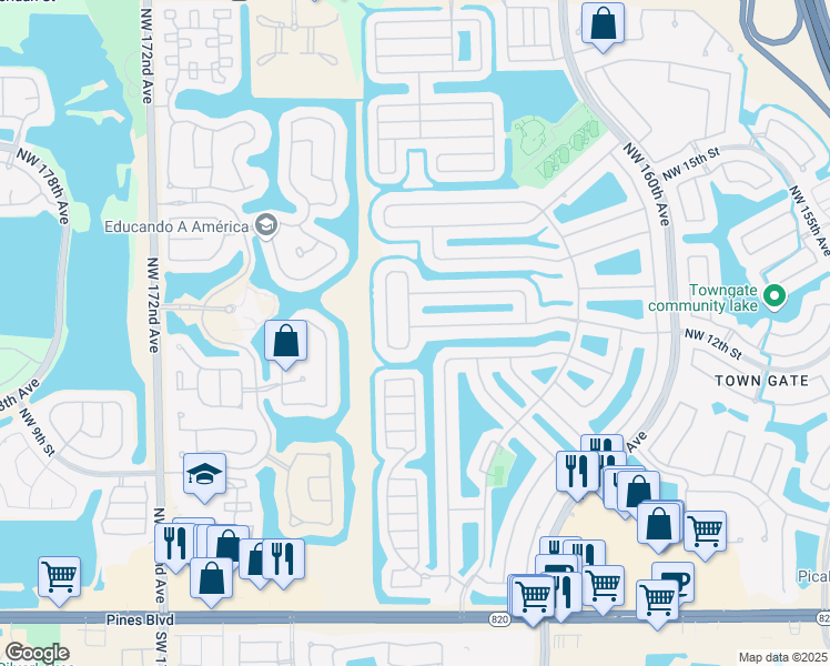 map of restaurants, bars, coffee shops, grocery stores, and more near 1187 Northwest 165th Avenue in Pembroke Pines
