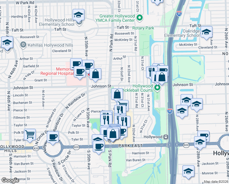 map of restaurants, bars, coffee shops, grocery stores, and more near 816 North Golf Drive in Hollywood
