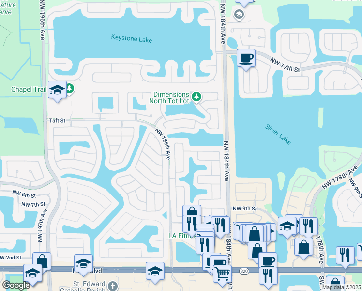 map of restaurants, bars, coffee shops, grocery stores, and more near 1360 Northwest 185th Avenue in Pembroke Pines