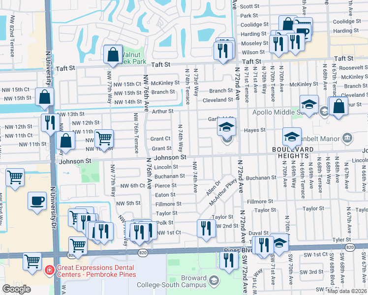 map of restaurants, bars, coffee shops, grocery stores, and more near 930 North 74th Terrace in Hollywood