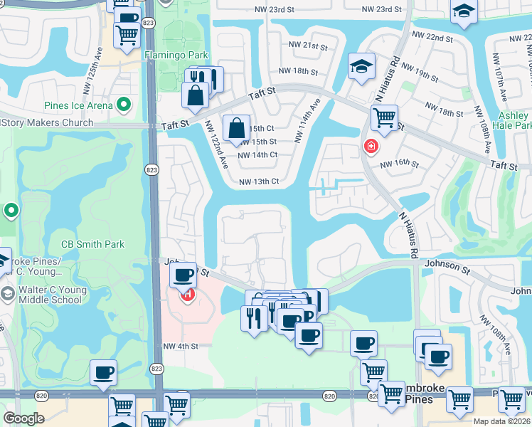 map of restaurants, bars, coffee shops, grocery stores, and more near 11836 Northwest 13th Street in Pembroke Pines