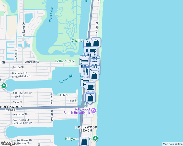 map of restaurants, bars, coffee shops, grocery stores, and more near 322 Buchanan Street in Hollywood