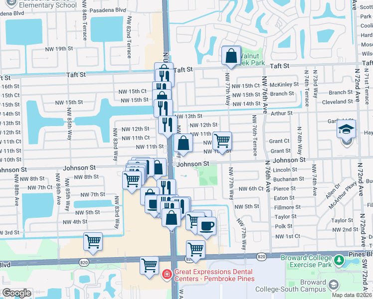 map of restaurants, bars, coffee shops, grocery stores, and more near 7951 Northwest 10th Street in Pembroke Pines