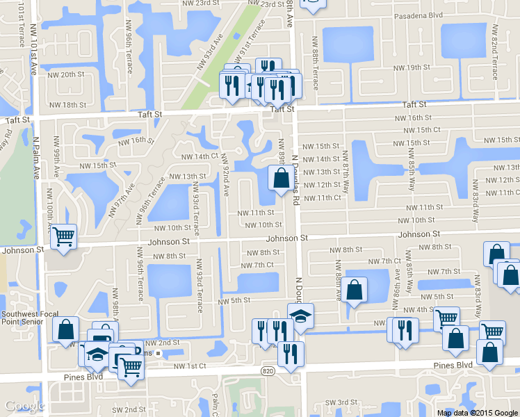 map of restaurants, bars, coffee shops, grocery stores, and more near 8965 Northwest 11th Street in Pembroke Pines