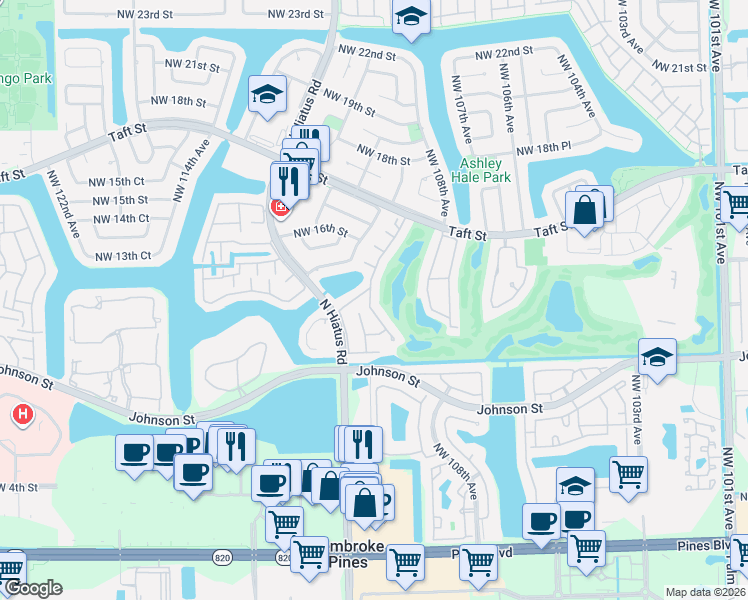 map of restaurants, bars, coffee shops, grocery stores, and more near 1231 West Fairway Road in Pembroke Pines