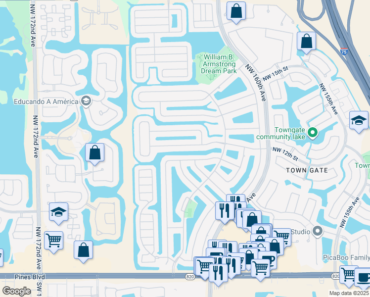 map of restaurants, bars, coffee shops, grocery stores, and more near 16398 Northwest 12th Street in Pembroke Pines