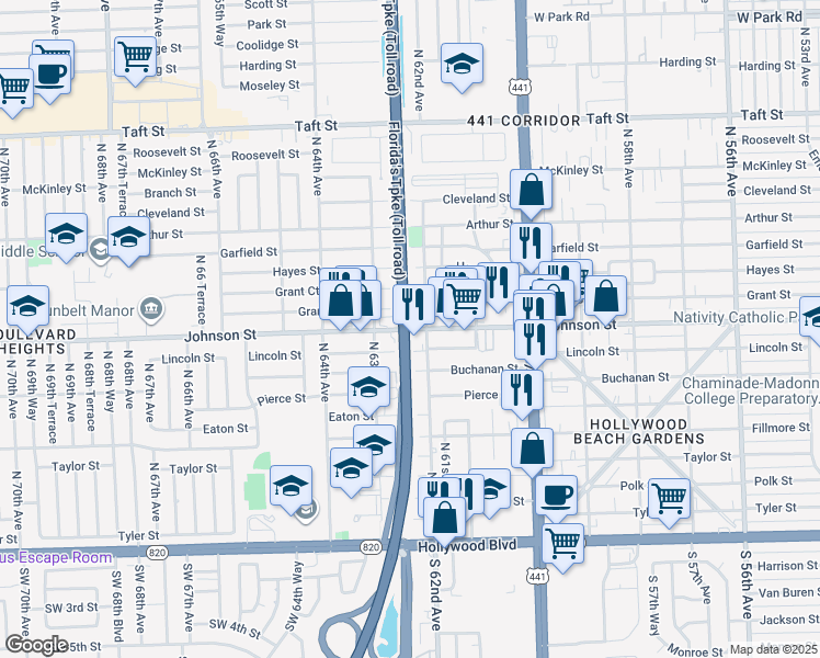 map of restaurants, bars, coffee shops, grocery stores, and more near 6227 Johnson Street in Hollywood
