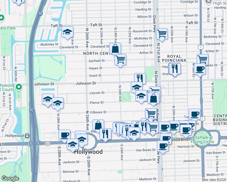 map of restaurants, bars, coffee shops, grocery stores, and more near 2413 Lincoln Street in Hollywood