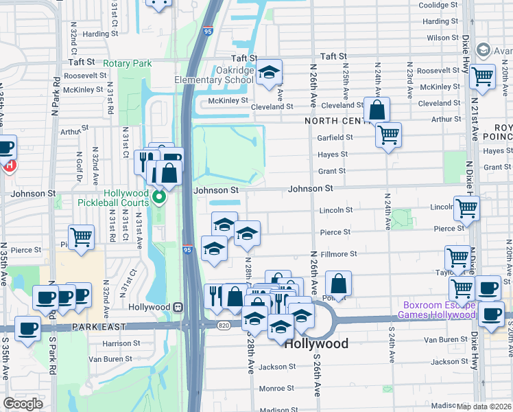 map of restaurants, bars, coffee shops, grocery stores, and more near 2739 Lincoln Street in Hollywood
