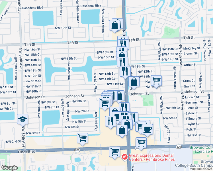 map of restaurants, bars, coffee shops, grocery stores, and more near 8220 Northwest 11th Street in Pembroke Pines