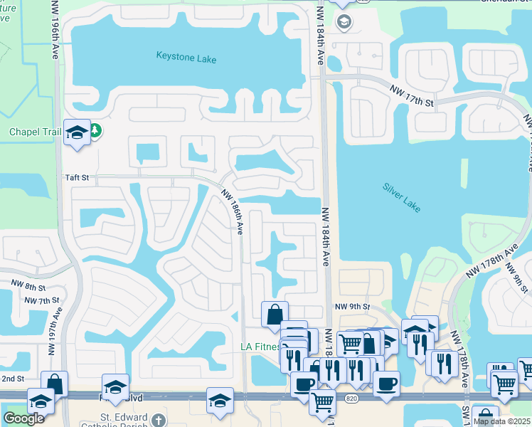 map of restaurants, bars, coffee shops, grocery stores, and more near 1360 Northwest 185th Avenue in Pembroke Pines