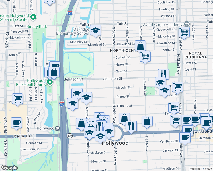 map of restaurants, bars, coffee shops, grocery stores, and more near in Hollywood