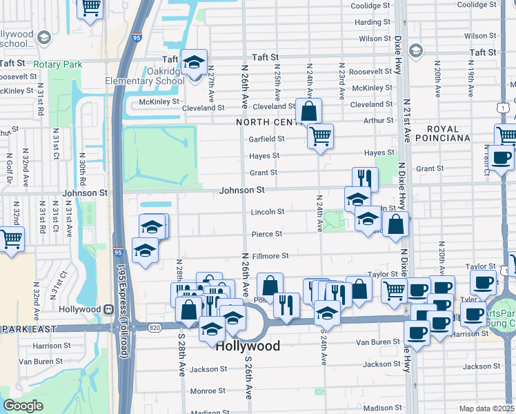 map of restaurants, bars, coffee shops, grocery stores, and more near 2535 Lincoln Street in Hollywood